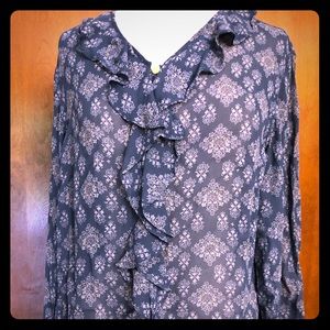 Sheer Front Ruffle Blue Print Blouse